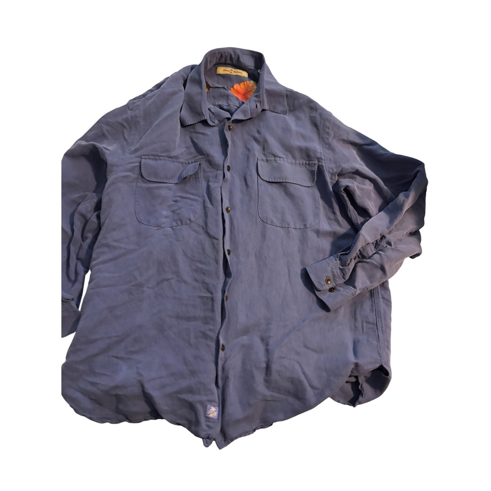 Tommy Bahama Shirt Button Up Linen Silk Blue Embroidered Hibiscus Large‎